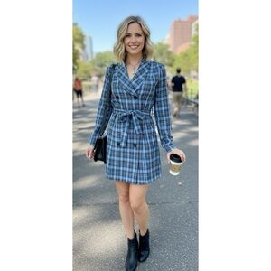 NLW Dress Womens Small Blue Checkered Navy Dress Waist Belt Long Sleeve